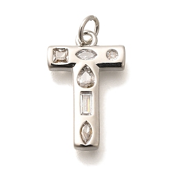 Letter T Латунные микропаве прозрачные подвески с фианитом, с целью перехода в кольце, без свинца и без кадмия, долговечный, стойки покрытие, письмо амулеты, платина, Письмо T, 20x12.5x2.7 мм, Перейти кольцо: 5x1 мм, 3 mm внутреннего диаметра.