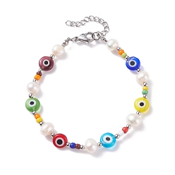 Colorful Natural Pearl & Evil Eye Protection Beaded Bracelet for Women, Colorful, 7-1/2 inch(19cm)