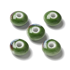 Светло-зеленый Коричневый Фарфоровые бусины ручной работы, рондель, оливковый, 12x7 мм, отверстие : 3.3 мм
