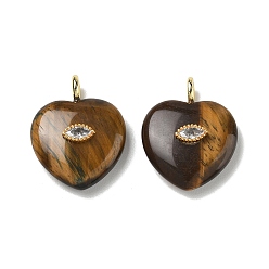Tiger Eye Natural Tiger Eye Pendants, Heart Charms with Brass Micro Pave Clear Cubic Zirconia Findings, Golden, 31.5~32x25~25.5x9.5~10.5mm, Hole: 4mm