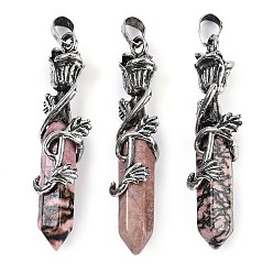 Родонит Натуральный родонит ограненный двойной конечный заостренный большой кулон, Подвески в виде шестиугольной призмы с розой в оболочке из сплава, античное серебро, 51~53x14x10.5 мм, отверстие : 4.5 мм