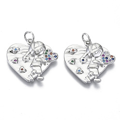 Real Platinum Plated Brass Micro Pave Cubic Zirconia Pendants, Nickel Free, with Jump Rings, for Mother's Day, Heart with Boy, Colorful, Real Platinum Plated, 19.5x20.5x3mm, Jump Ring: 5x0.6mm, inner diameter: 3mm