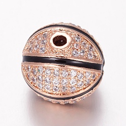 Розовое Золото Латунные микро проложить кубического циркония бусы, с эмалью, баскетбол, чёрные, розовое золото , 12 мм, отверстие : 1.5 мм