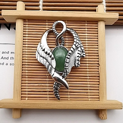 Green Aventurine Natural Green Aventurine Pendants, with Antique Silver Zinc Alloy Finding, Wing Charms, 52x35x9mm