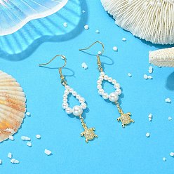 Tortoise Shell Pearl and Brass Micro Pave Cubic Zirconia Charms Dangle Earring, 304 Stainless Steel Dangle Earrings for Women, Tortoise, 62x13~15mm