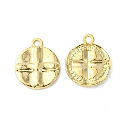Real 14K Gold Plated 304 Stainless Steel Pendants, Flat Round with Cross Charms, Real 14K Gold Plated, 19x16x2mm, Hole: 1.6mm