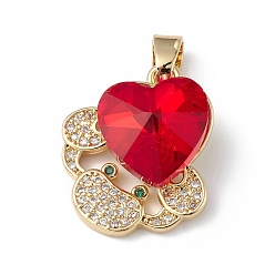 Red Rack Plating Brass Micro Pave Cubic Zirconia Pendants, with Glass, Long-Lasting Plated, Cadmium Free & Lead Free, Crab with Heart, Real 18K Gold Plated, Red, 21x18x8mm, Hole: 5x3mm