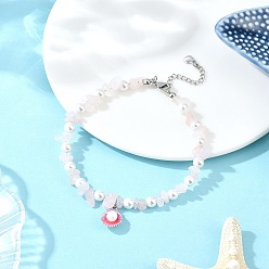 Pink Браслеты на ногу с подвесками в форме ракушки из сплава эмали, белым круглым жемчугом и натуральным розовым кварцем, платина, розовые, 9-5/8 дюйм (243 мм)