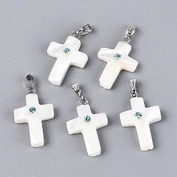 Морская Ракушка Подвески из натуральных ракушек trochus, Религиозные крестики-подвески с аквамариновыми стразами и железными защелками., платина, цвет морской раковины, 23~24x14.5~16.5x4~4.5 мм, отверстие : 6x2.5 мм