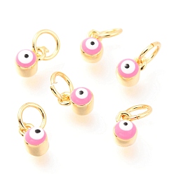 Pink Brass Enamel Pendants, Long-Lasting Plated, Real 18K Gold Plated, with Jump Rings, Column with Evil Eye, Pink, 5x3.5x4.5mm,Jump Ring: 5x0.6mm, 3mm inner diameter.