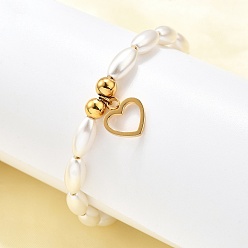 Золотой 304 женские браслеты с подвесками в виде сердечек из нержавеющей стали, с пластиковыми бусинами из искусственного жемчуга, ионное покрытие (ip), золотые, 7 дюйм (17.7 см)