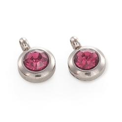 Фуксиновый Модный оригинальный цвет 304 из нержавеющей стали граненый хрусталь класса плоские круглые очаровывает подвески, очарование первобытного камня апреля, цвет нержавеющей стали, красно-фиолетовые, 9x6.5x4 мм, отверстие : 2 мм