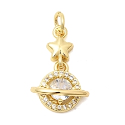 Настоящее золото 18K Подвески из латуни с прозрачным фианитом, без свинца и без кадмия, долговечный, звезда с подвесками в виде планет, реальный 18 k позолоченный, 20x12.5x6.5 мм, Перейти кольцо: 5x1 мм, внутренний диаметр: 3 мм