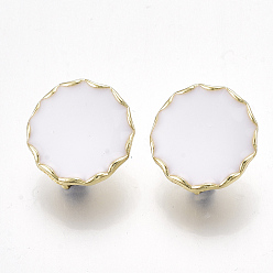 White Alloy Stud Earring Findings, with Steel Pins and Enamel, with Loop, Flat Round, Light Gold, White, 19x19mm, Hole: 4mm, Pin: 0.7mm