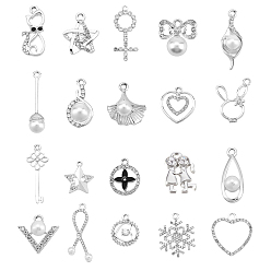 Platinum Alloy Rhinestone Pendants & Alloy Enamel Pendants & Alloy Pendants, with ABS Plastic Imitation Pearl Beads, Mixed Patterns, Platinum, 40pcs/box