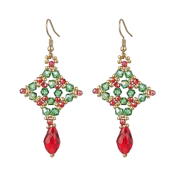 Золотой 304 серьги-подвески в форме ромба из нержавеющей стали с каплевидной формой, со стеклянными подвесками, золотые, 65.5x30.5 мм