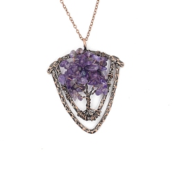 Amethyst Natural Amethyst Brass Wire Wrapped Pendants, with Alloy Fingdings, Triangle with Tree, Antique Bronze, 53x48mm
