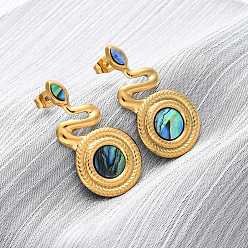 Настоящее золото 18K 304 серьги-гвоздики из натуральной ракушки пауа из нержавеющей стали, змея, ионное покрытие (ip), реальный 18 k позолоченный, 34x17.5 мм