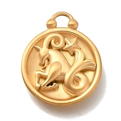 Козерог Вакуумное покрытие pvd 304 подвески из нержавеющей стали, плоский круглый с шармом созвездий, реальный 18 k позолоченный, Козерог, 20.5x16.5x2.5 мм, отверстие : 2~2.2 мм