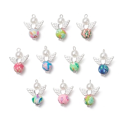 Серебро Полимерной глины ручной работы подвески, ангел, с имитацией жемчуга из АБС-пластика и сплавом в тибетском стиле, серебряные, 28.5x21.5x10 мм, отверстие : 2.5 мм