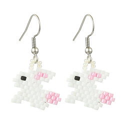 Нержавеющая Сталь Цвет Болтающие серьги из стекла, узоры ткацкого станка, с 304 нержавеющей стали серьги крючки, кролик, цвет нержавеющей стали, 37x20 мм