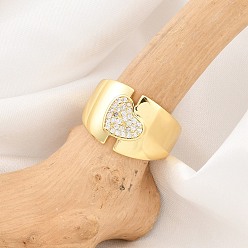 Настоящее золото 18K Кольца-манжеты из латуни с микро-паве и прозрачным циркониевым покрытием для женщин, долговечный, без кадмия и без свинца, сердце, реальный 18 k позолоченный, 14 мм, внутренний диаметр: регулируемый