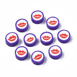 Slate Blue Handmade Polymer Clay Beads, Flat Round with Mouth, Slate Blue, 9.5~10x4~4.5mm, Hole: 1.6mm