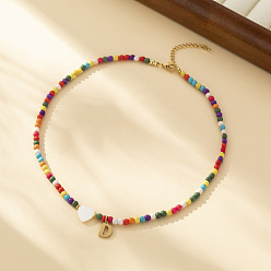 Letter D Ожерелья из круглых бусин в форме сердца из натуральных ракушек и разноцветных стеклянных семян, ожерелья шкентеля, 304 колье из нержавеющей стали, золотые, Буква D, 15.35 дюйм (39 см)