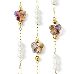 Перу 10М-ионное покрытие (IP) 304 Цепи из нержавеющей стали и АБС-пластика с жемчужными бусинами и стеклянными звеньями-бабочками, пайки, с катушкой, реальный 18 k позолоченный, Перу, Бабочка: 6.5x7.5x5 mm, бусина : 4x3.5 mm, около 32.81 футов (10 м) / рулон