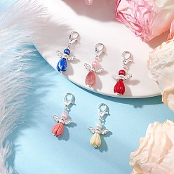 Серебро Стеклянный жемчуг и смоляной цветок роза ангел подвеска украшения, Сплав с застежками когтя омара, серебряные, 30 мм, 5 шт / комплект