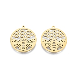 Real 18K Gold Plated Ion Plating(IP) 201 Stainless Steel Pendant,  Hollow Charms, Flat Round with Bee, Real 18K Gold Plated, 27x25x1.5mm, Hole: 1.4mm