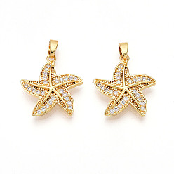 Настоящее золото 18K Латунные микро проложить кубического циркония подвески, без кадмия и без свинца, прелести морская звезда, реальный 18 k позолоченный, 19~19.5x18x3 мм, отверстие : 2x5 мм