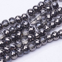 Black Plated Electroplate Transparent Glass Beads Strands, Half Plated, Faceted, Drum, Black Plated, 8x6mm, Hole: 1mm, about 40pcs/strand, 9.4 inch