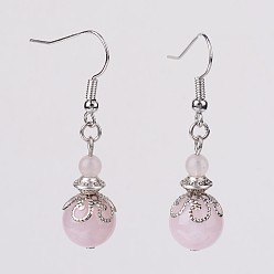 Розовый Кварц Натуральный розовый кварц бисера мотаться серьги, с  латунными крючками для серег, сплавочная и железная фурнитура, платина, 42 мм