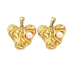 Золотой Текстурированные 304 подвески из нержавеющей стали и АБС-пластика с имитацией жемчуга, сердце прелести, золотые, 23x25x8 мм, отверстие : 6x3 мм