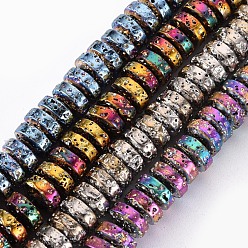 Mixed Color Electroplated Natural Lava Rock Beads Strands, Flat Round/Disc, Heishi Beads, Bumpy, Mixed Color, 8.5x4mm, Hole: 1mm, about 104~105pcs/strand, 15.75 inch~15.94 inch(40cm~40.5cm)