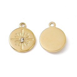 Настоящее золото 18K Вакуумное покрытие pvd 201 подвески из нержавеющей стали, кристалл горный хрусталь плоский круглый со звездой, реальный 18 k позолоченный, 13x10.5x2 мм, отверстие : 1.2 мм
