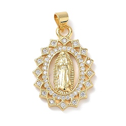 Настоящее золото 18K Религиозные латунные подвески с микропаве из прозрачного кубического циркония, овал с подвесками Девы Марии, стойки покрытие, долговечный, без кадмия и без свинца, реальный 18 k позолоченный, 27x18.5x3 мм, отверстие : 4.5x3.5 мм