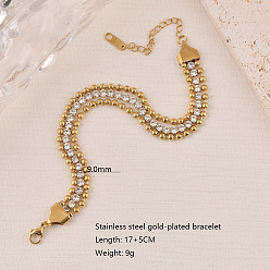 Золотой 304 Теннисные браслеты из нержавеющей стали с микропаве из прозрачного кубического циркония в двухслойной оправе, браслеты из шариковой цепи для женщин, плоско-круглые, золотые, 6.69 дюйм (17 см)