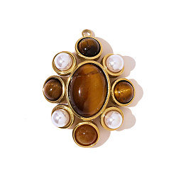 Тигровый глаз 304 подвески из натурального тигрового глаза из нержавеющей стали, с ABS имитации жемчуга, , ионное покрытие (ip), реальный 18 k позолоченный, 32x25 мм