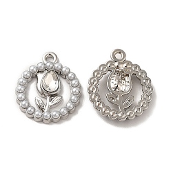 Clear Rack Plating Alloy Glass Pandants, Nickel Free, with ABS Plastic Imitation Pearl, Flat Round with Flower Charms, Platinum, Clear, 20.5x17.5x4mm, Hole: 2mm