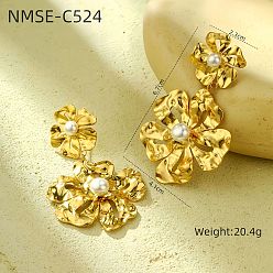 Золотой Цветочные 304 из нержавеющей стали болтаться серьги, с пластиковой жемчужины, золотые, 67x41 мм