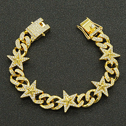 Золотой Мужские браслеты-цепочки из кубинского сплава с кристаллами и стразами, звезда, золотые, 7-7/8 дюйм (20 см)