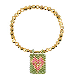 Желто-Зеленый Богемные стеклянные браслеты с подвесками из бисера, латунные круглые бусины эластичные браслеты для женщин, Прямоугольник с сердцем, золотые, желто-зеленый, регулируемый