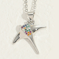 Fish Brass Micro Pave Colorful Cubic Zirconia Pendant Necklaces for Women, Platinum, Fish, 17.72 inch(45cm), Pendant: 22x24mm