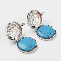 Синтетическая Бирюза Синтетические бирюзовые подвески, С выводами медальона из медных рассеивателей, плоские круглые с деревом, 31x25x8 мм, отверстие : 4 мм
