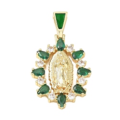 Green Religion Brass Pave Cubic Zirconia Pendants, with Enamel, Oval with Virgin Charms, Lead Free & Cadmium Free, Long-Lasting Plated, Rack Plating, Real 18K Gold Plated, Green, 36mm, Pendant: 29x20x4mm, Hole: 5.5x3mm