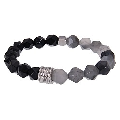 Серый агат Эластичные браслеты из натурального серого агата и обсидиана для мужчин., многоугольник, с колонновидным валиком из нержавеющей стали, 7.09 дюйм (18 см) ~ 8.66 дюйм (22 см)