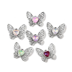 Platinum UV Plating Alloy Glass Pendants, Butterfly with Heart Charm, Faceted, Mixed Color, Platinum, 17x20x4.5mm, Hole: 1.5mm