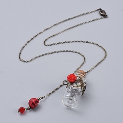 Rouge Colliers pendants, avec des perles de howlite synthétiques crâne, rose perles de résine de fleurs, bouteilles en verre et chaînes câblées en laiton plaqué bronze antique, pour la fabrication de colliers de fioles de sang, rouge, 18.11 pouce (46 cm)